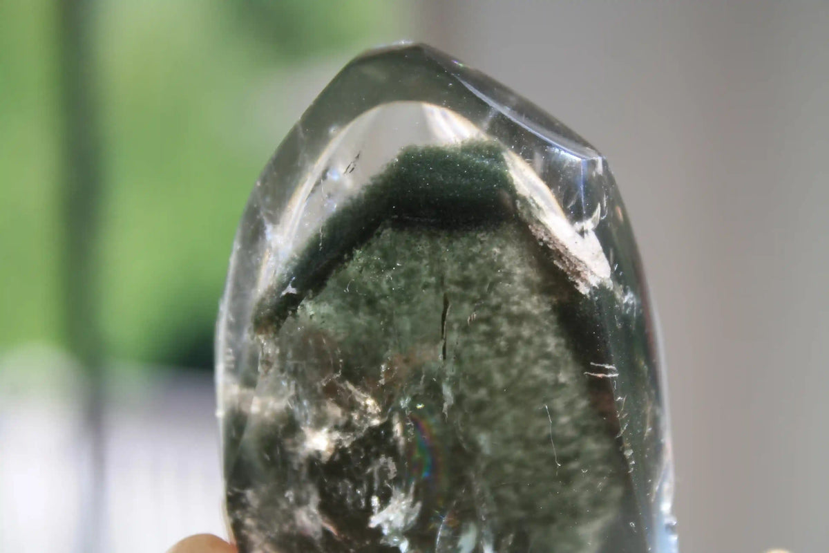 Garden quartz freeform, garden quartz crystal, crystal healing, lodolite, lodolite crystal, dark green chlorite in quartz, Canadian crystal shop 