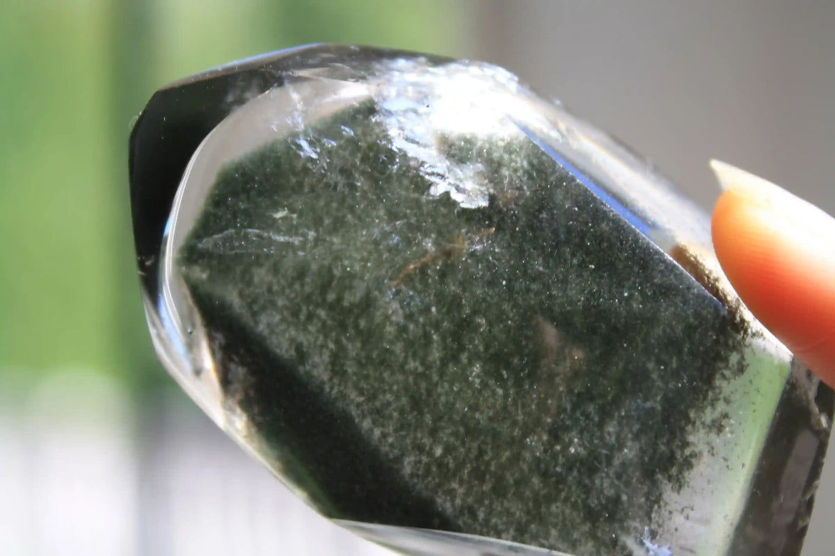 Garden quartz freeform, garden quartz crystal, crystal healing, lodolite, lodolite crystal, dark green chlorite in quartz, Canadian crystal shop 