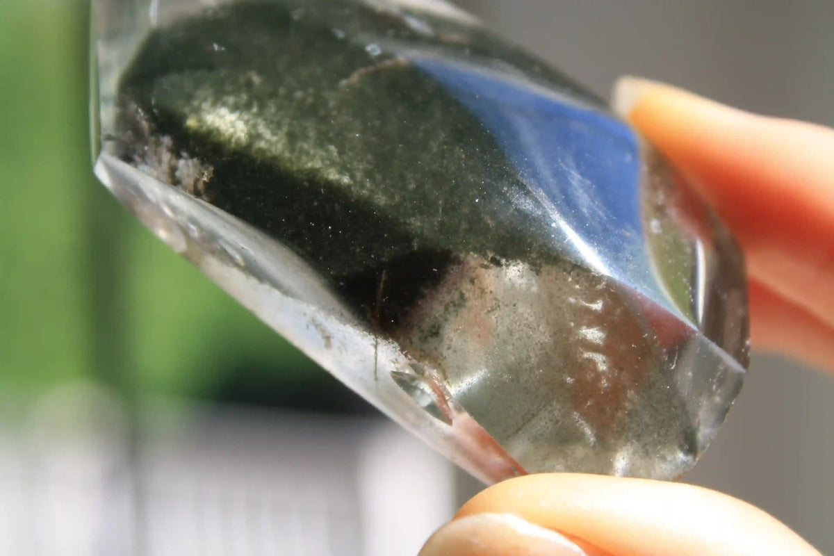 Garden quartz freeform, garden quartz crystal, crystal healing, lodolite, lodolite crystal, dark green chlorite in quartz, Canadian crystal shop 