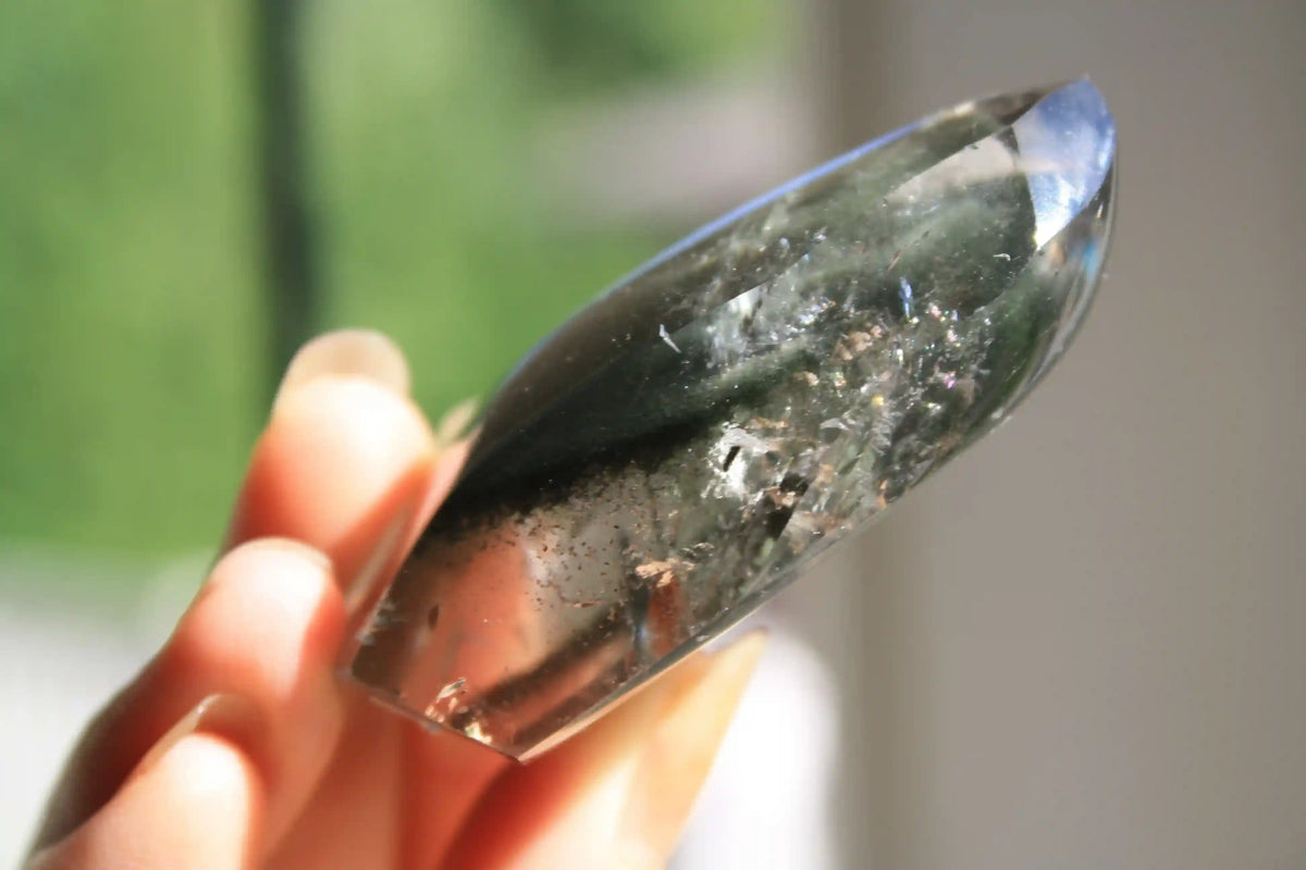 Garden quartz freeform, garden quartz crystal, crystal healing, lodolite, lodolite crystal, dark green chlorite in quartz, Canadian crystal shop 