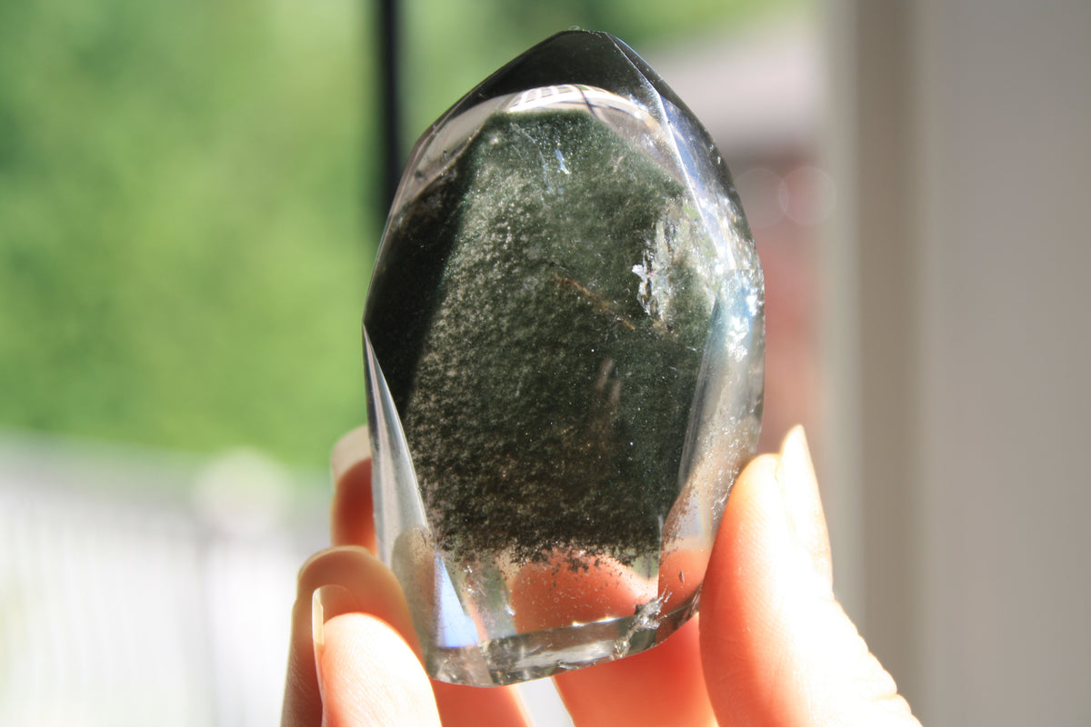 Garden quartz freeform, garden quartz crystal, crystal healing, lodolite, lodolite crystal, dark green chlorite in quartz, Canadian crystal shop 