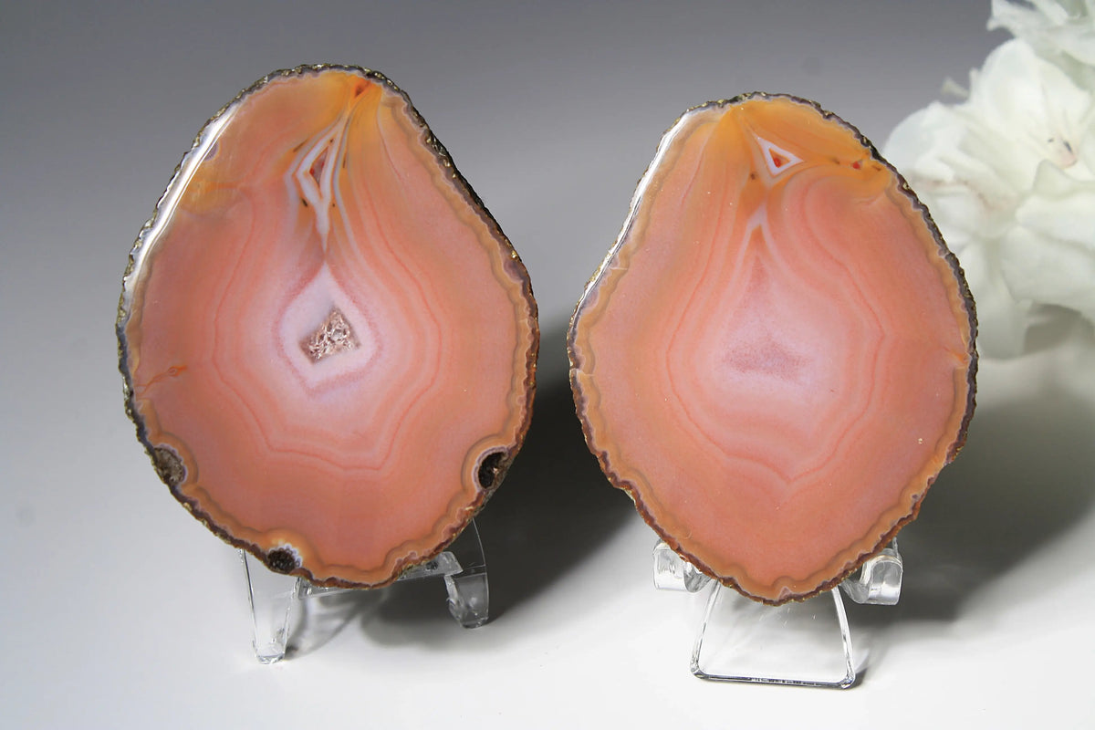 Soft pink banded Zhanguo agate pair glowing with warm, luminous tones