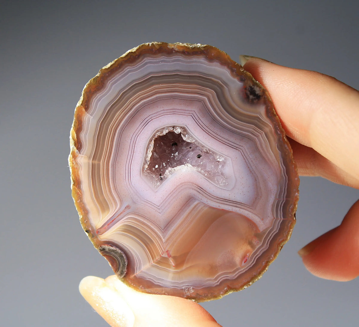 Vibrant Zhanguo agate pair with blue bands swirling among crimson, gold, and jade tones