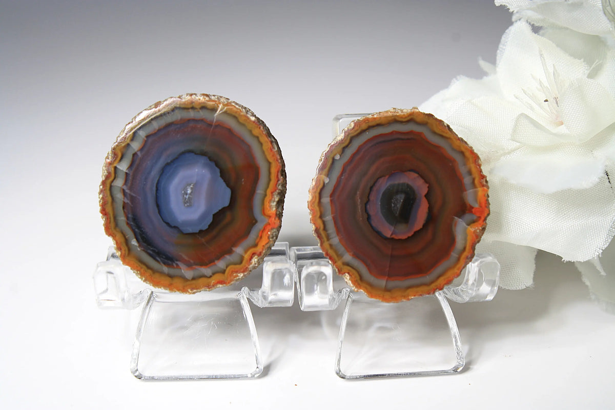 Banded purple-blue and orange Zhanguo agate pair with vivid swirling layers