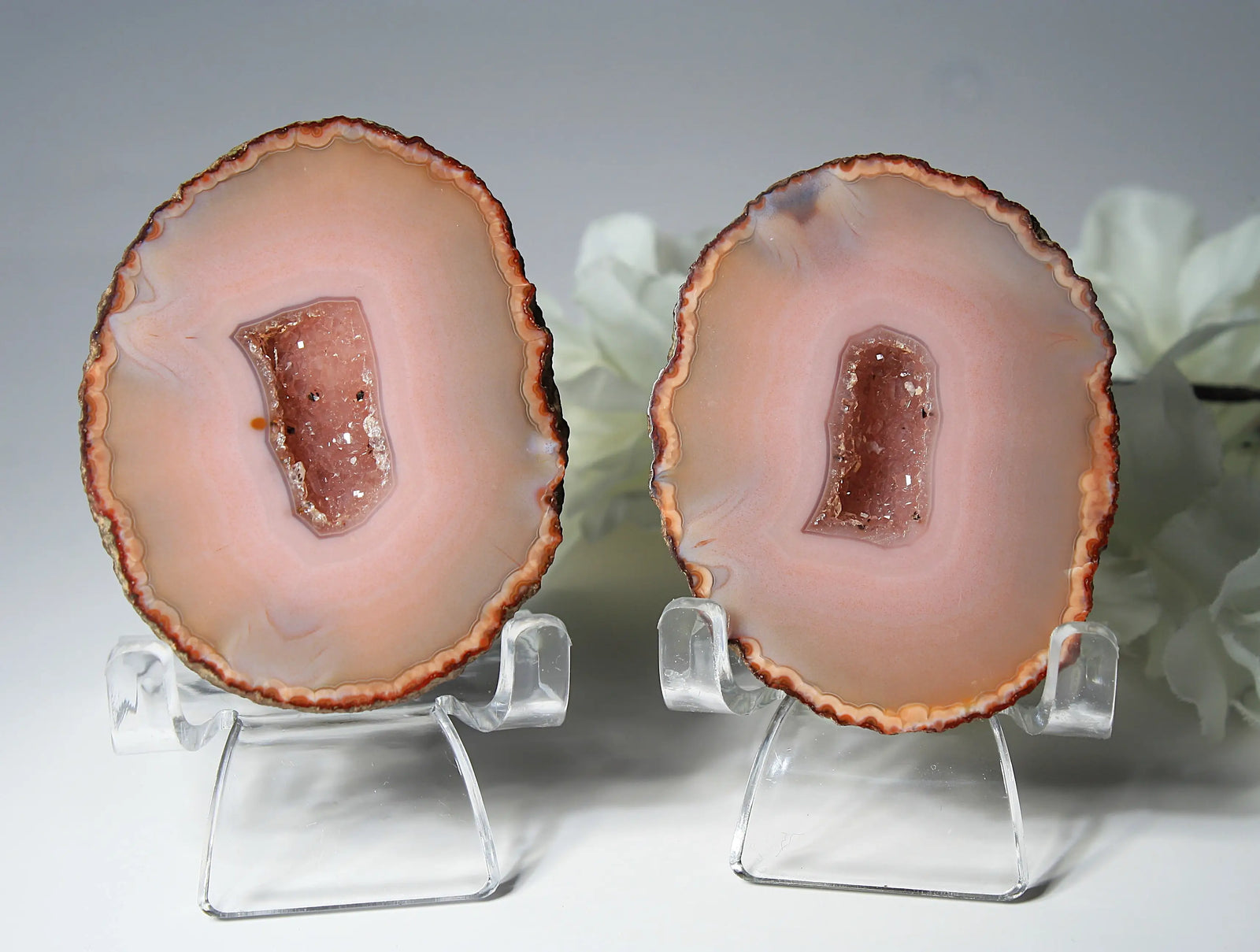 Delicate pink Zhanguo agate pair with layered, gentle bands