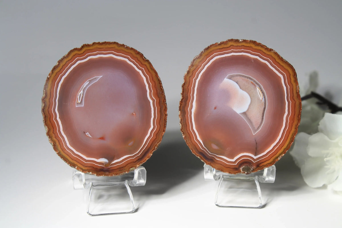 Vibrant banded Zhanguo agate pair with bold, flowing layers