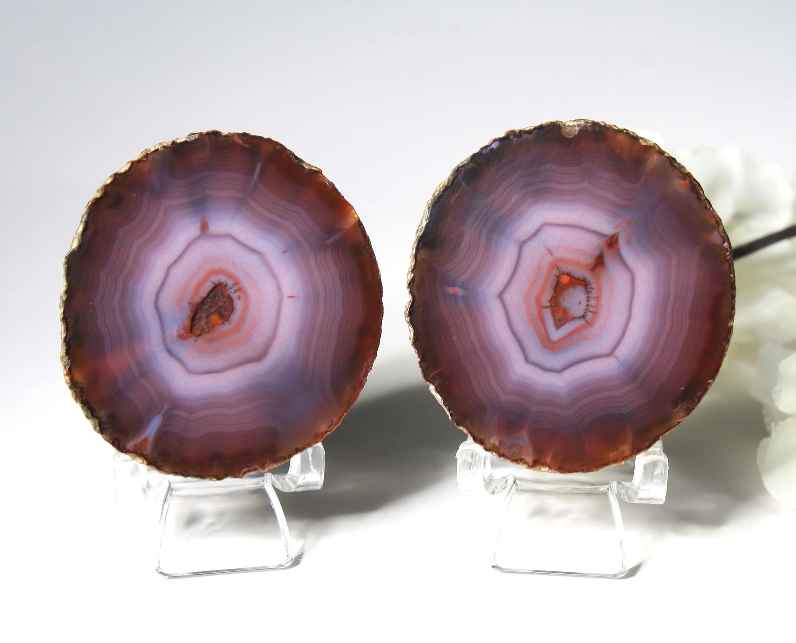 Banded purple Zhanguo agate pair with vivid swirling layers