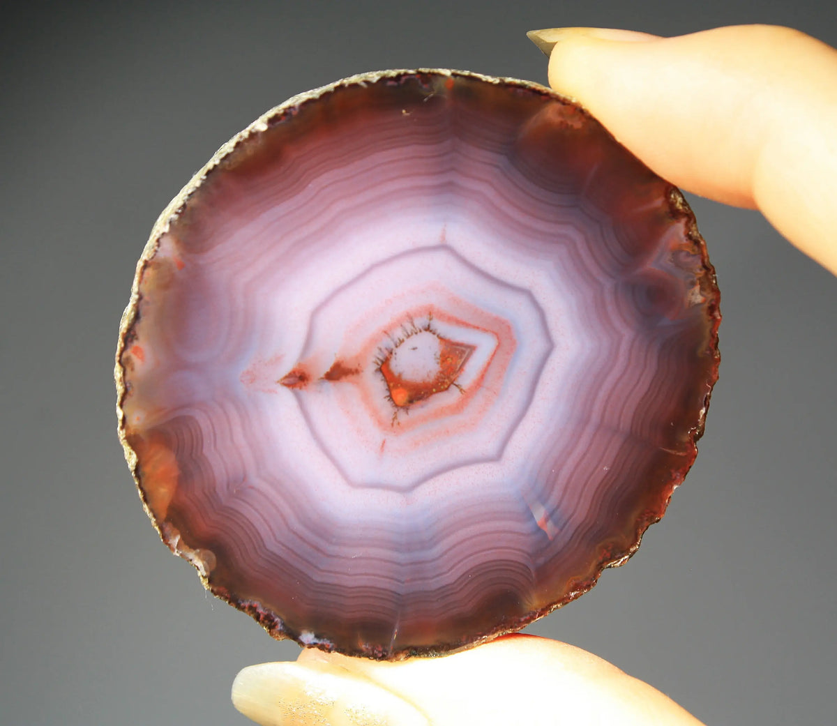 Banded purple Zhanguo agate pair with vivid swirling layers