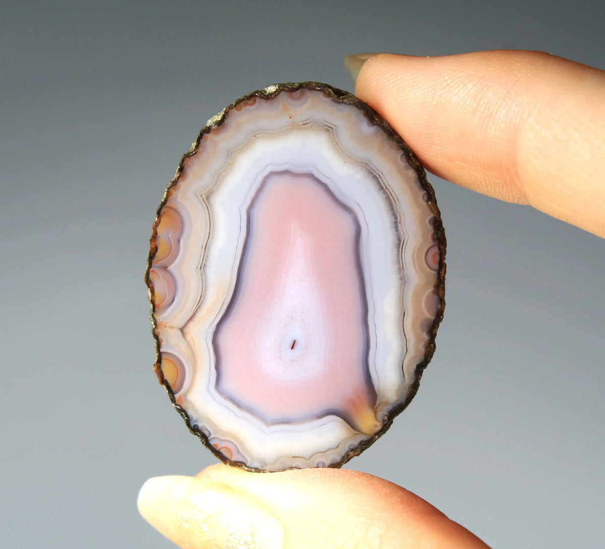 Banded pink Zhanguo agate pair with soft white layer and swirling patterns