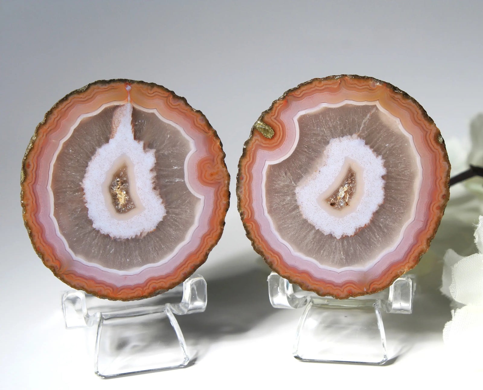 Vibrant pink-orange agate pair with flowing, luminous bands