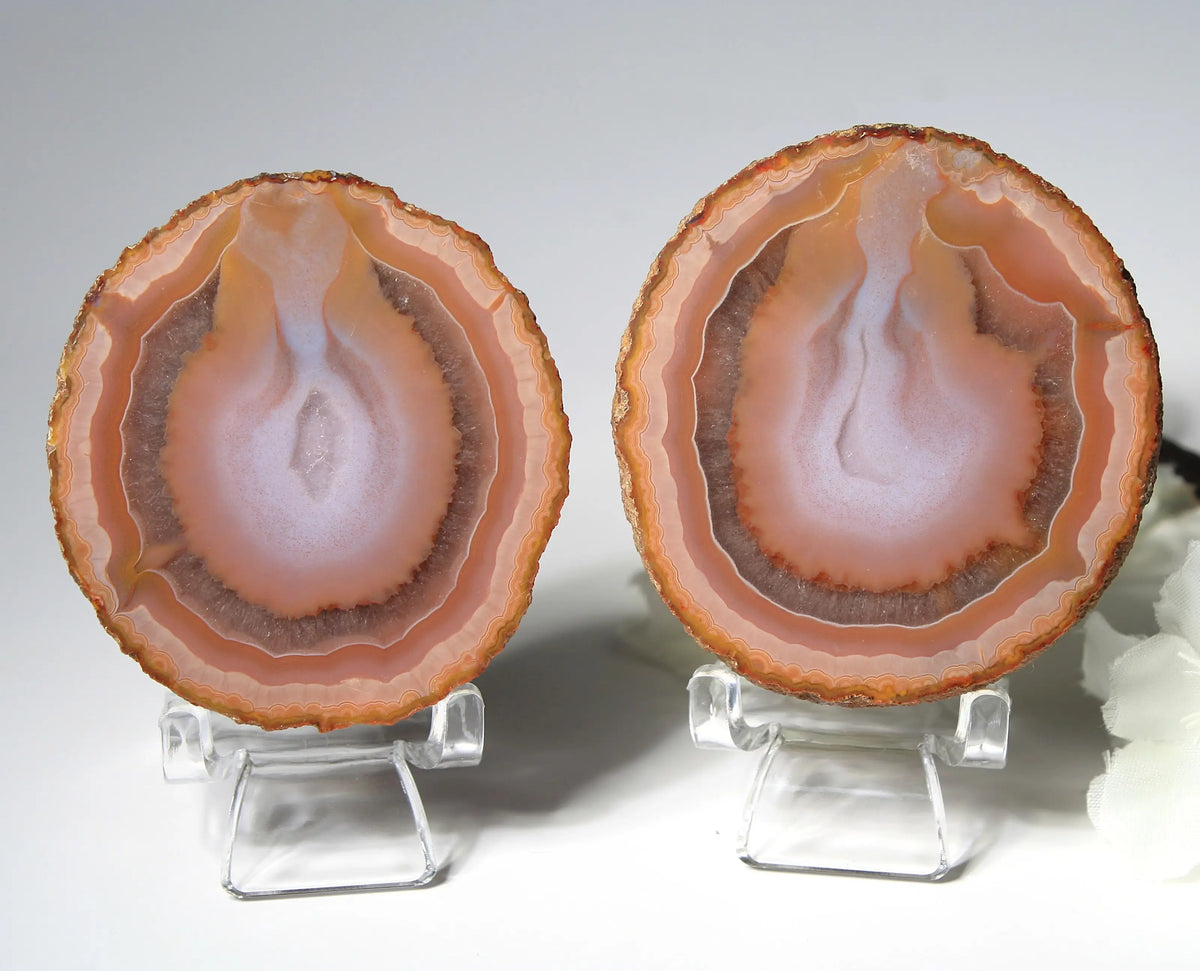Bold and unique pink Zhanguo agate pair with rich, swirling textures