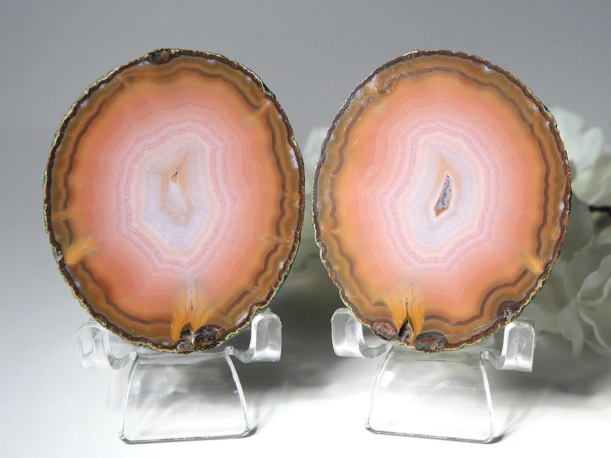 Large banded pink Zhanguo agate pair with soft, flowing layers