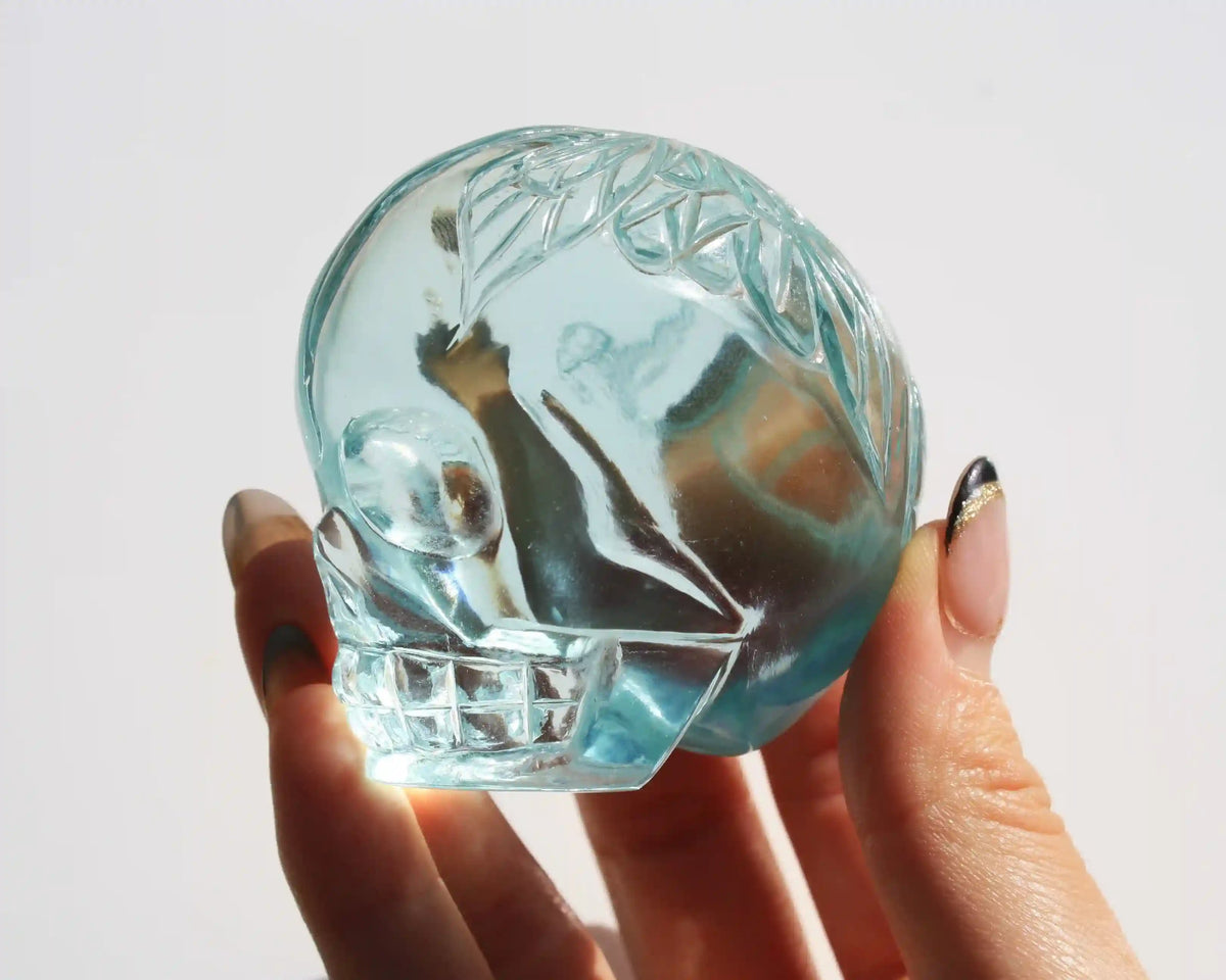 Crystal Skull with fairy design, crystal skull, fairy crystal skull, vikas meena carving, carved crystal skull, blue obsidian crystal 