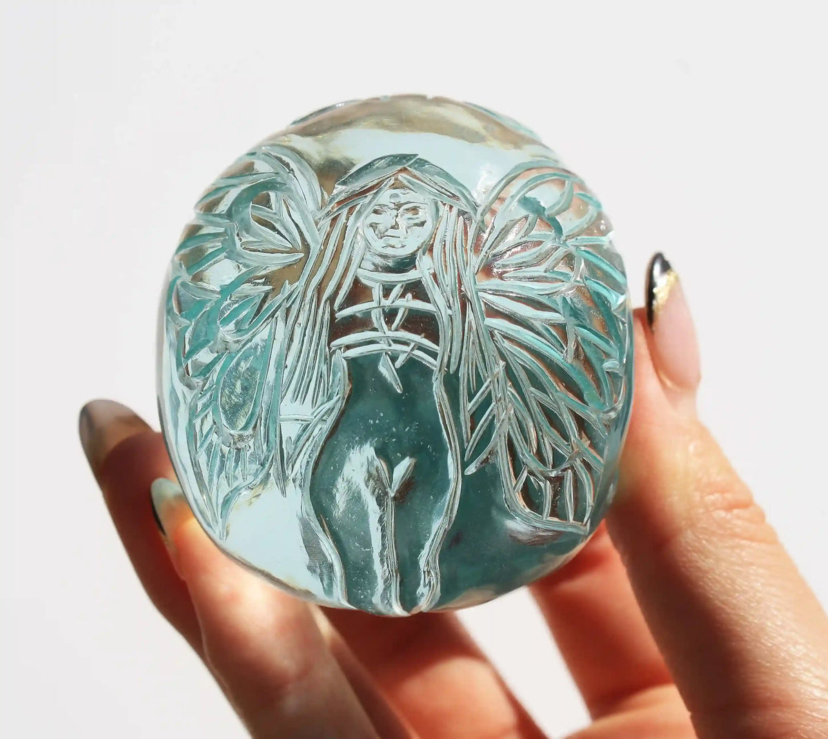 Crystal Skull with fairy design, crystal skull, fairy crystal skull, vikas meena carving, carved crystal skull, blue obsidian crystal 