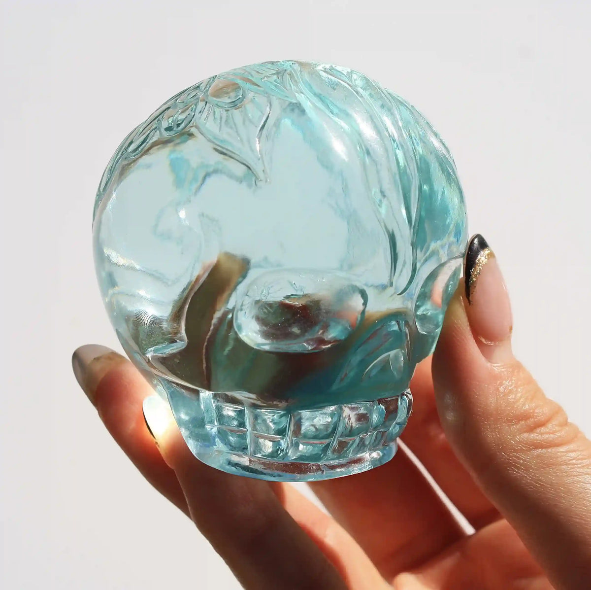 Crystal Skull with fairy design, crystal skull, fairy crystal skull, vikas meena carving, carved crystal skull, blue obsidian crystal 