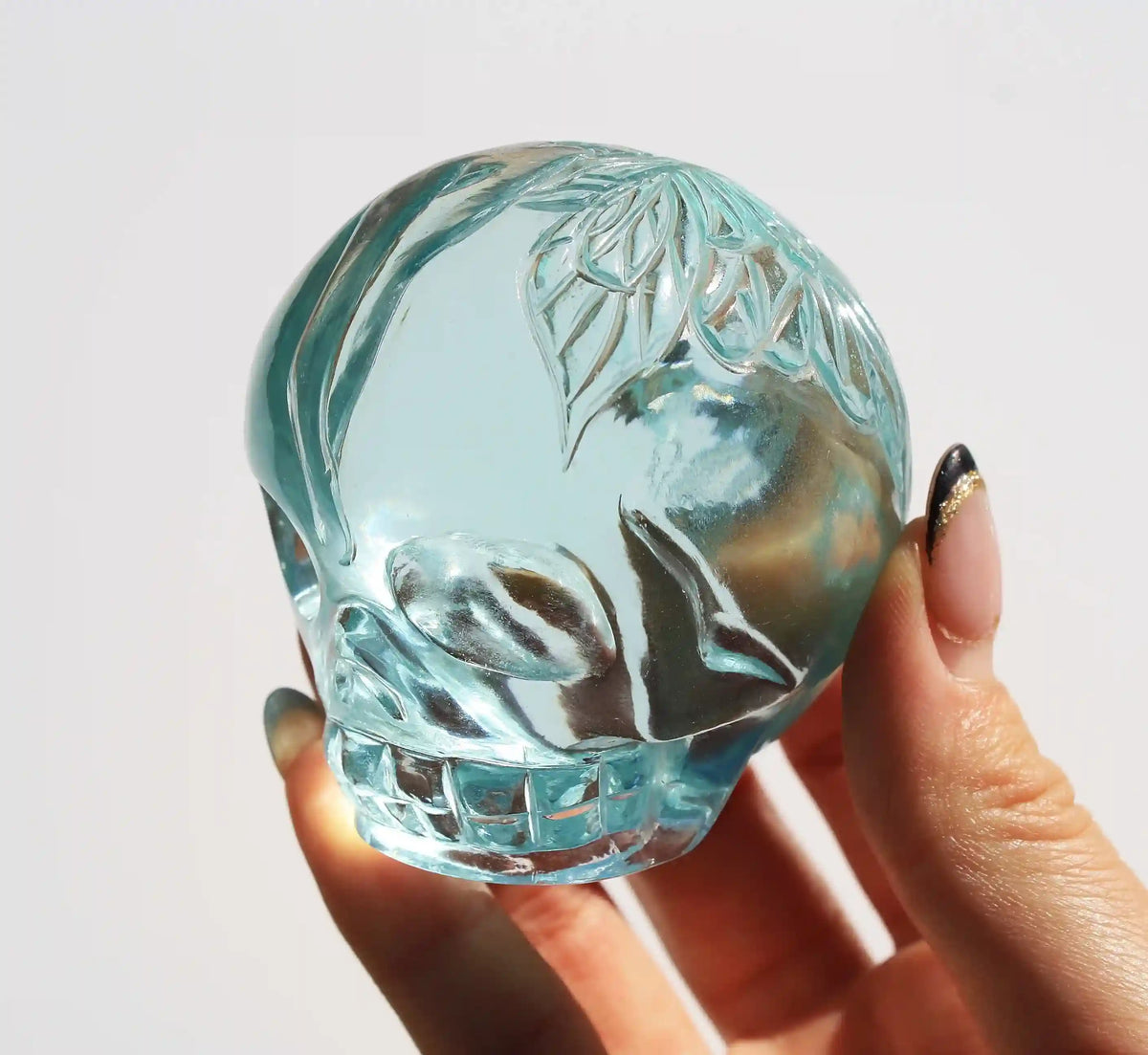 Crystal Skull with fairy design, crystal skull, fairy crystal skull, vikas meena carving, carved crystal skull, blue obsidian crystal 