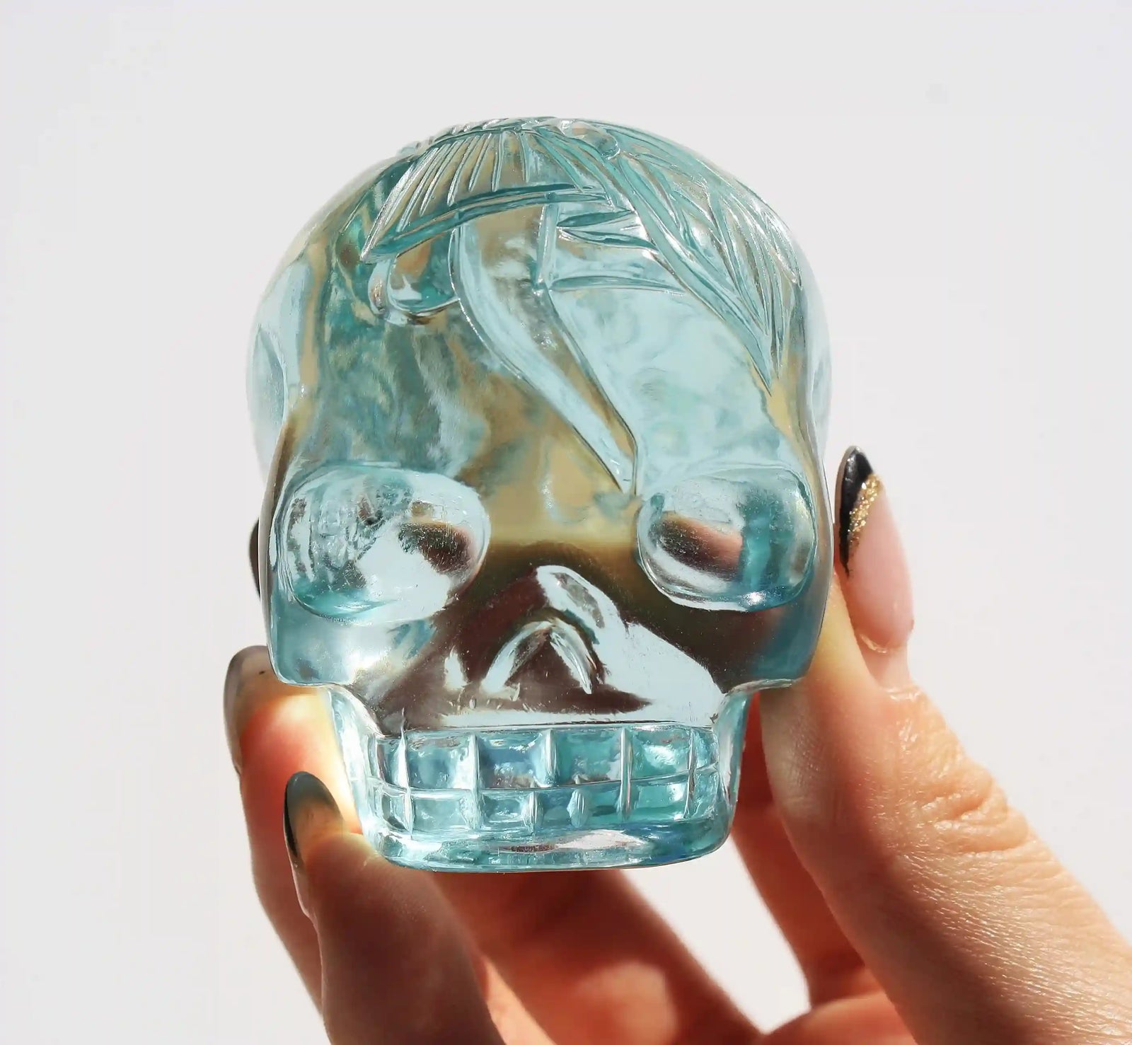Crystal Skull with fairy design, crystal skull, fairy crystal skull, vikas meena carving, carved crystal skull, blue obsidian crystal 