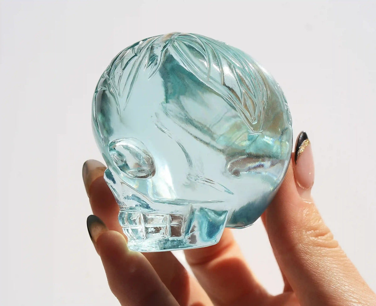 Crystal Skull with fairy design, crystal skull, fairy crystal skull, vikas meena carving, carved crystal skull, blue obsidian crystal 