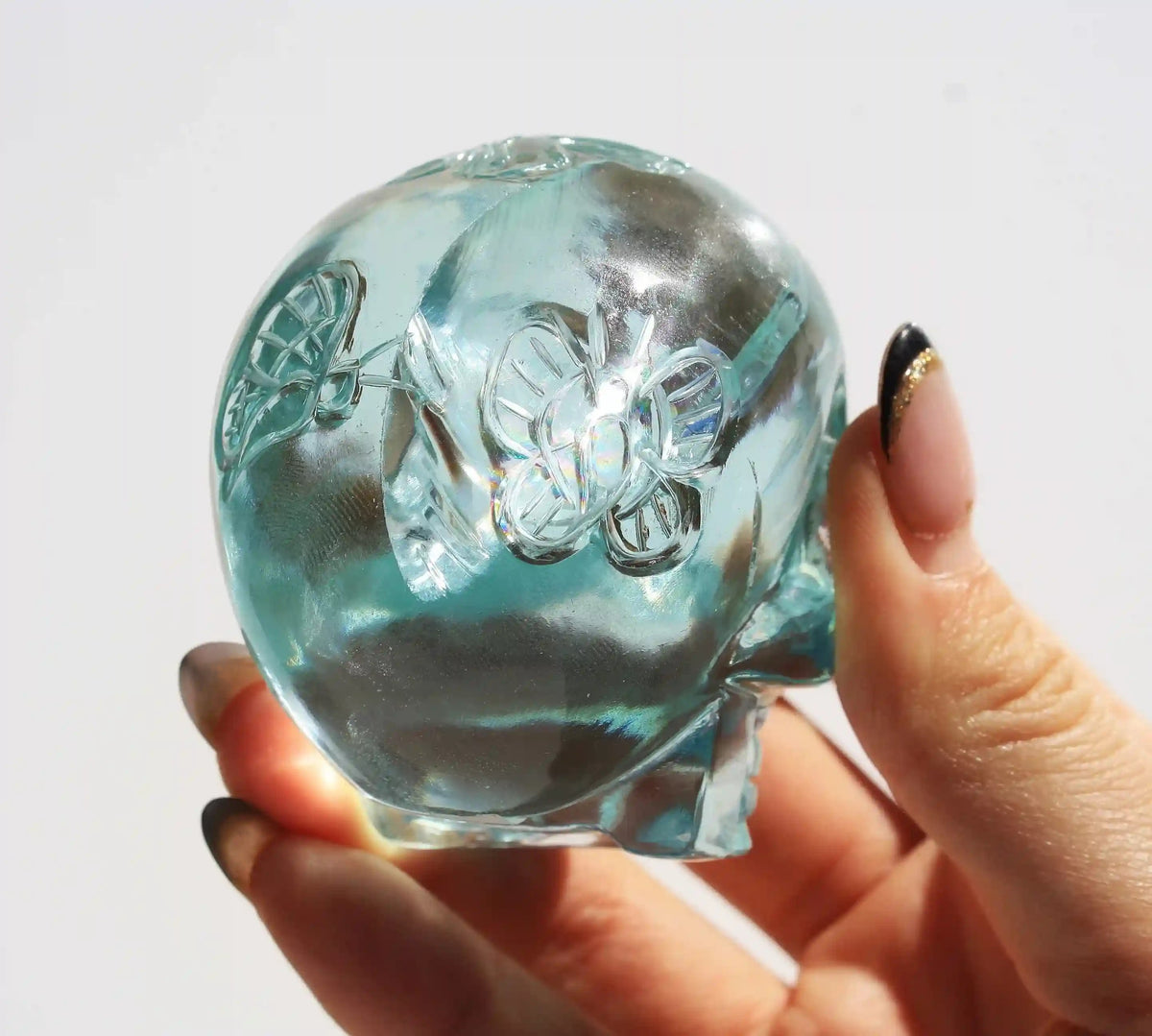 Crystal Skull with fairy design, crystal skull, fairy crystal skull, vikas meena carving, carved crystal skull, blue obsidian crystal 