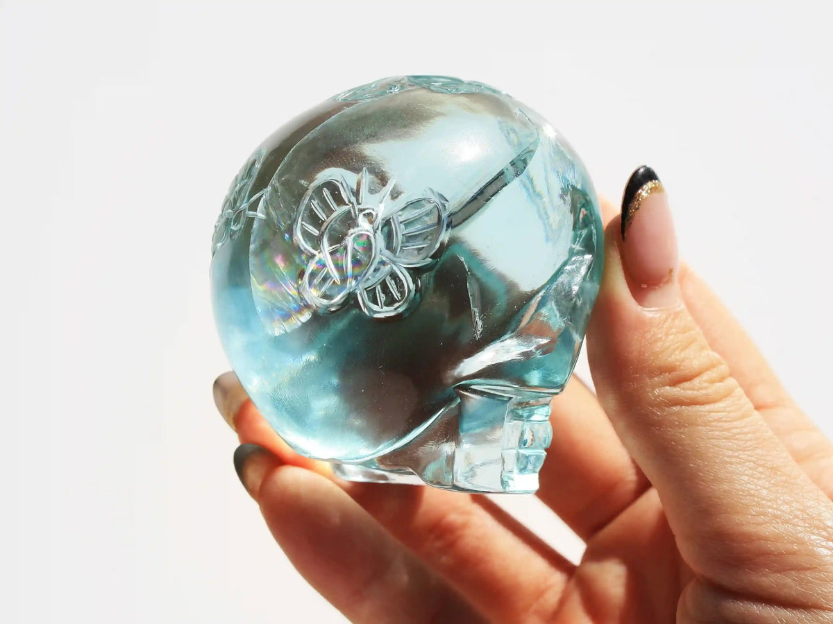 Crystal Skull with fairy design, crystal skull, fairy crystal skull, vikas meena carving, carved crystal skull, blue obsidian crystal 