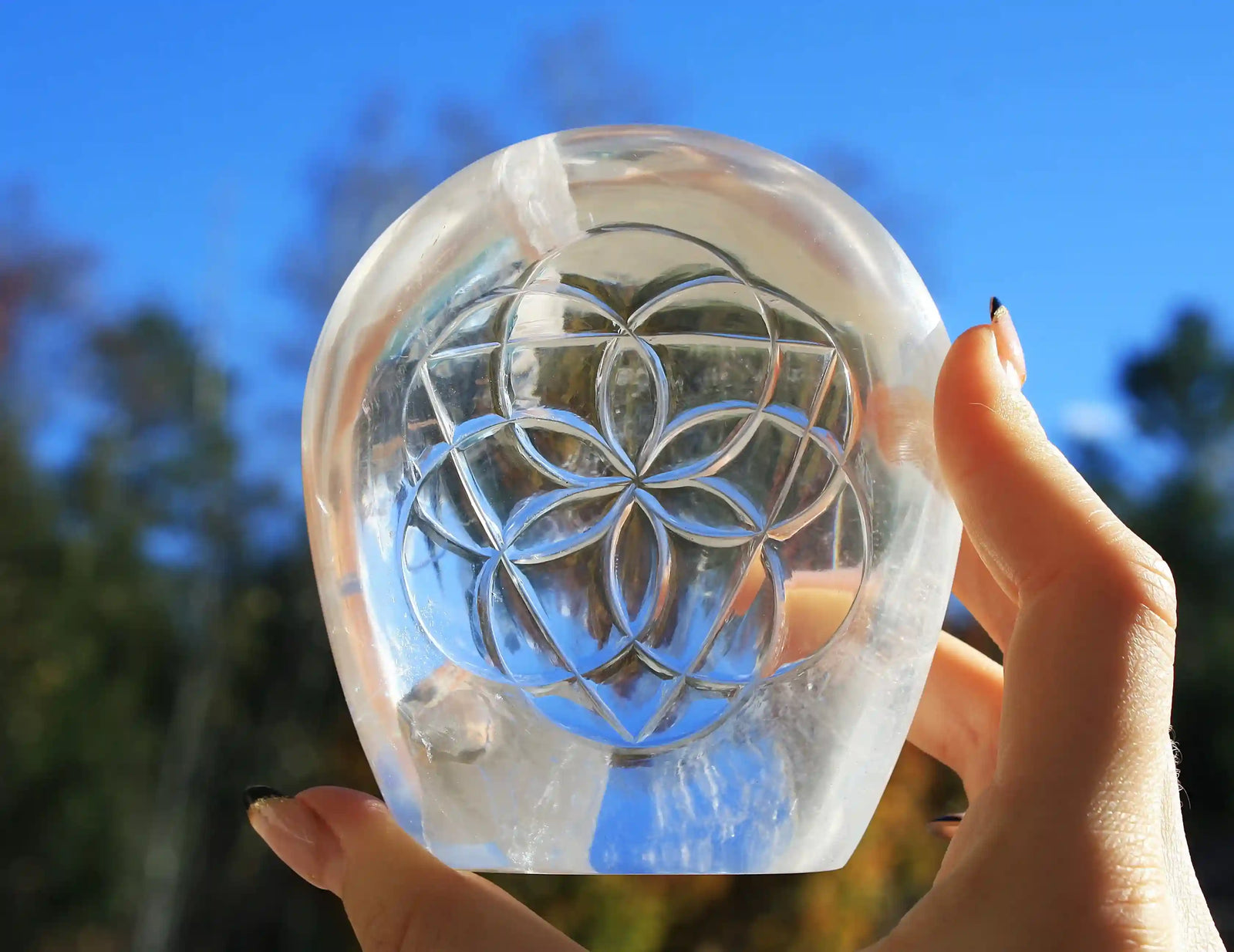 flower of life crystal carving, vikas meena carving, Himalayan quartz , Canadian crystals, carved crystal flower of life, Quartz crystal carving