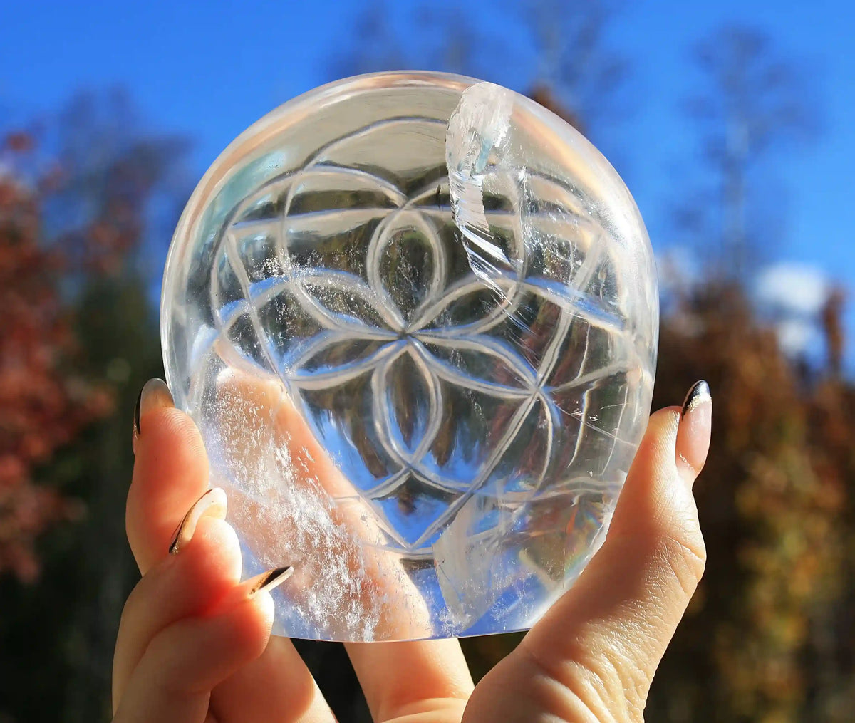 flower of life crystal carving, vikas meena carving, Himalayan quartz , Canadian crystals, carved crystal flower of life, Quartz crystal carving