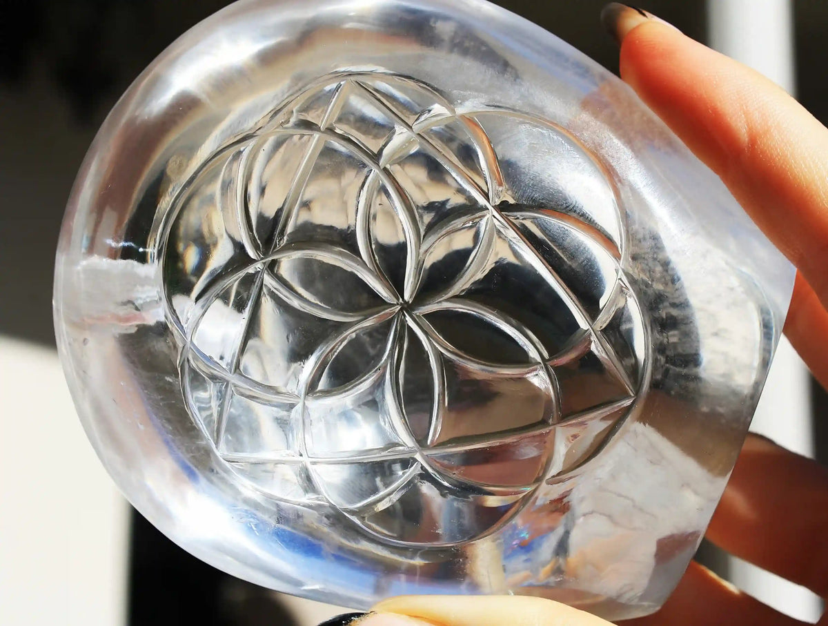 flower of life crystal carving, vikas meena carving, Himalayan quartz , Canadian crystals, carved crystal flower of life, Quartz crystal carving