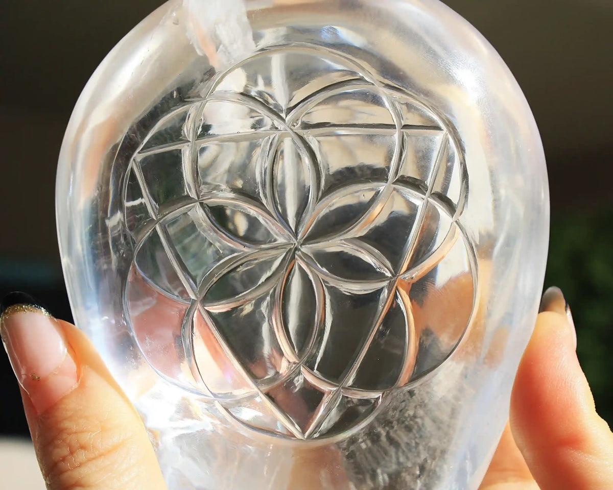 flower of life crystal carving, vikas meena carving, Himalayan quartz , Canadian crystals, carved crystal flower of life, Quartz crystal carving