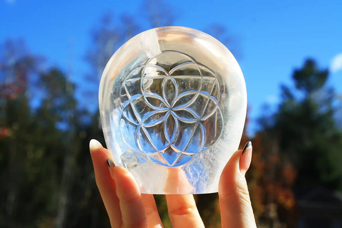 flower of life crystal carving, vikas meena carving, Himalayan quartz , Canadian crystals, carved crystal flower of life, Quartz crystal carving