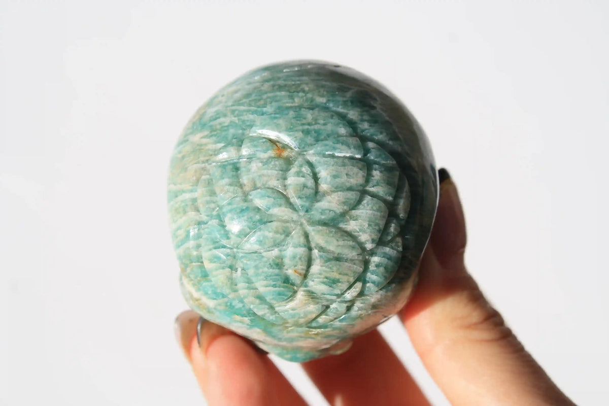 Flower of Life Amazonite Skull Crystal Carving by Vikas Meena