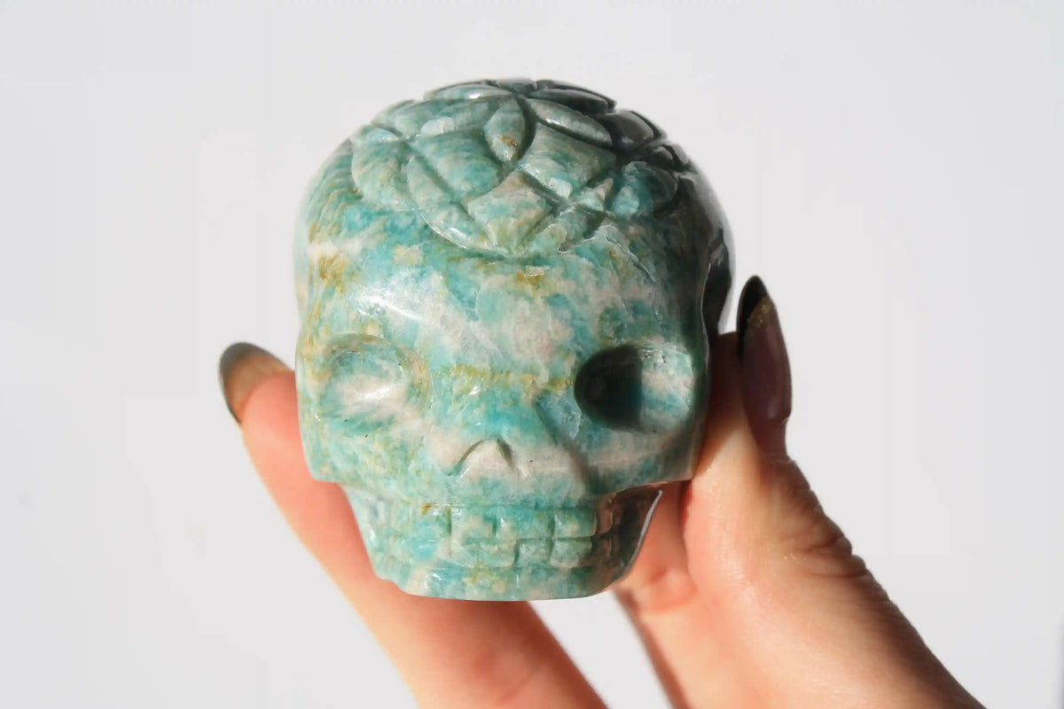 flower of life crystal carving, vikas meena carving, Amazonite, Canadian crystals, flower of life skull, Amazonite crystal, Crystal Skull, Amazonite crystal skull, crystal skull