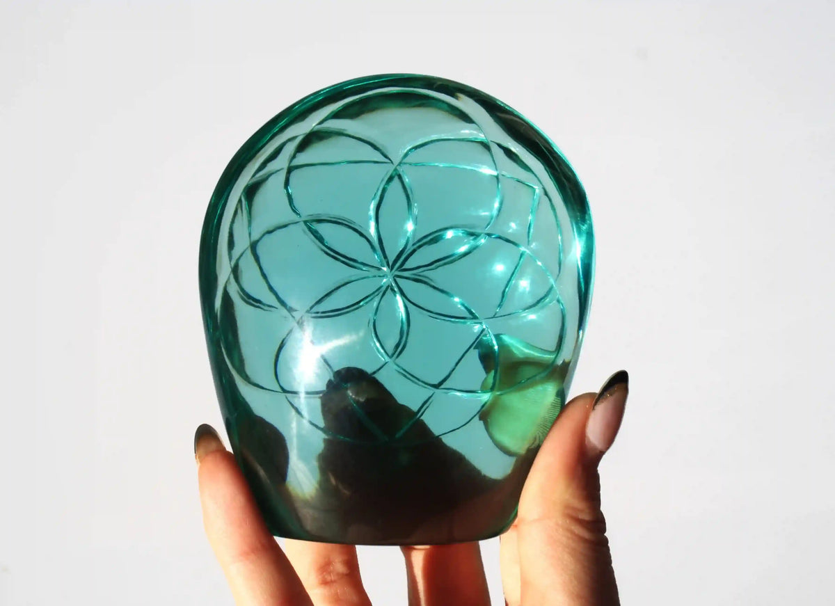 flower of life crystal carving, vikas meena carving, obsidian crystal, Canadian crystals, carved crystal flower of life