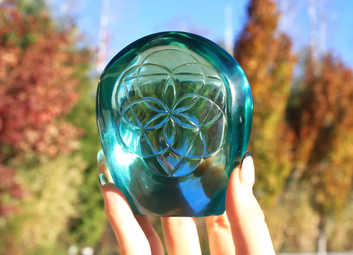 flower of life crystal carving, vikas meena carving, obsidian crystal, Canadian crystals, carved crystal flower of life