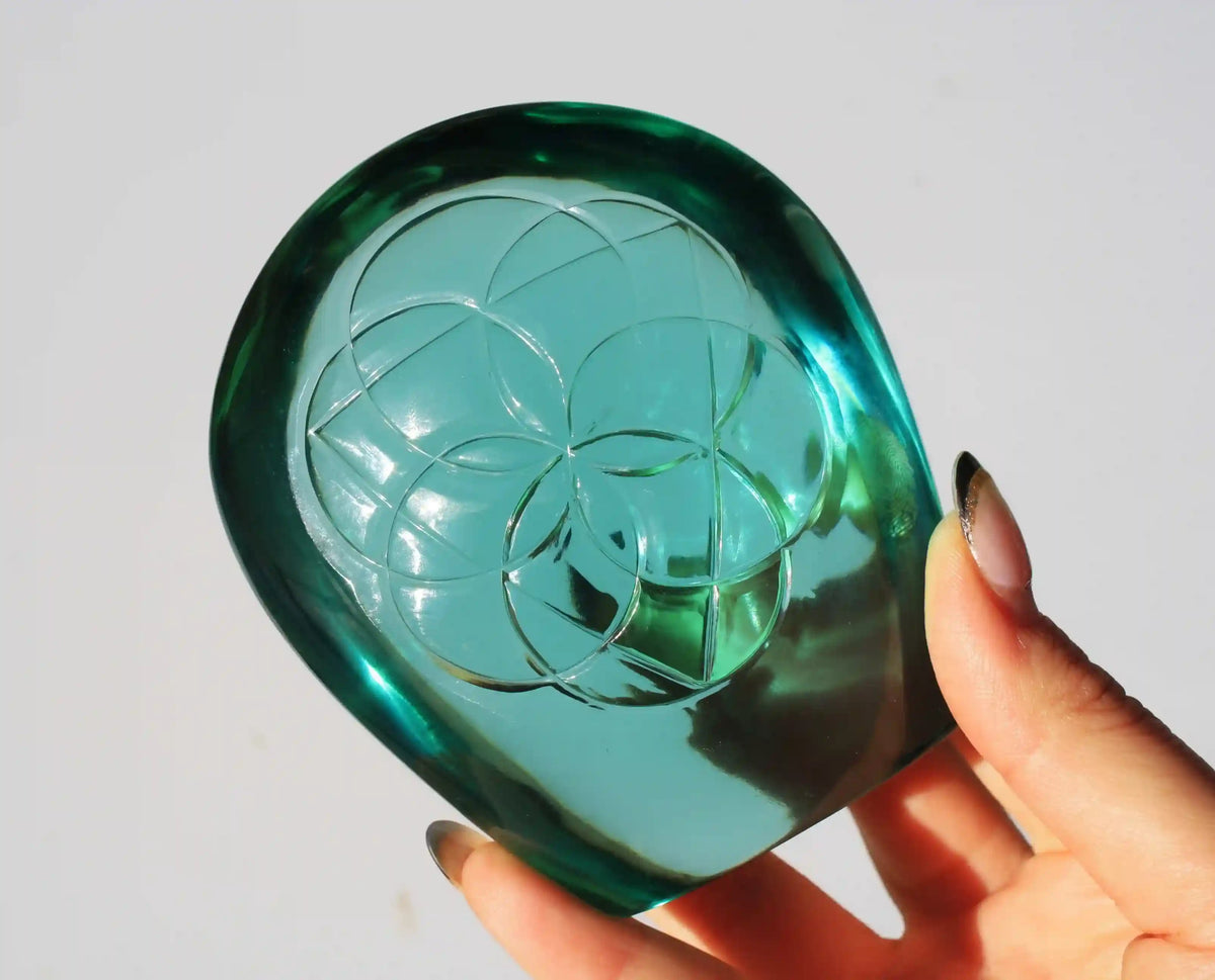 flower of life crystal carving, vikas meena carving, obsidian crystal, Canadian crystals, carved crystal flower of life