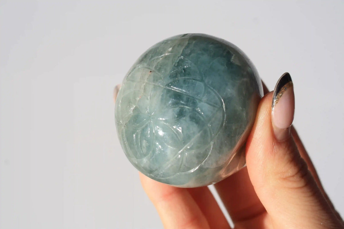 Flower of Life Aquamarine Skull Crystal Carving by Vikas Meena