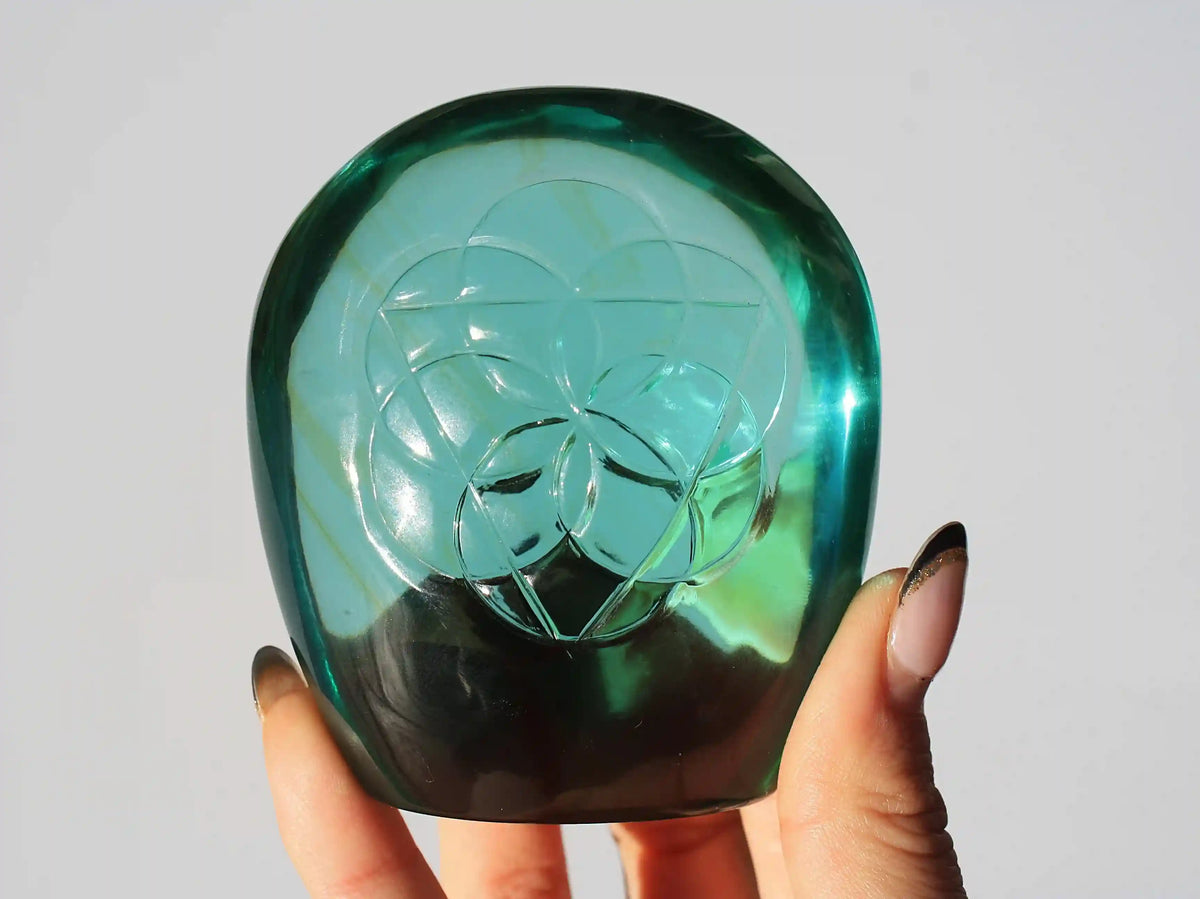 flower of life crystal carving, vikas meena carving, obsidian crystal, Canadian crystals, carved crystal flower of life
