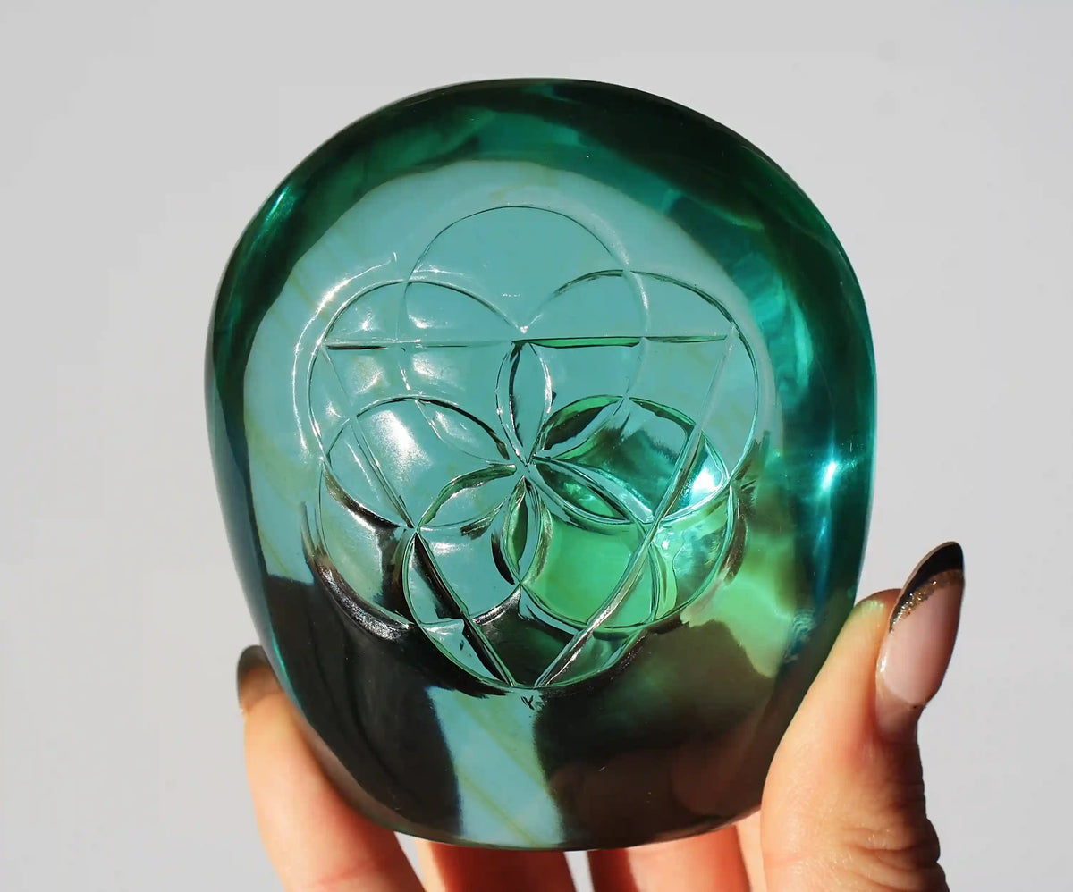 flower of life crystal carving, vikas meena carving, obsidian crystal, Canadian crystals, carved crystal flower of life