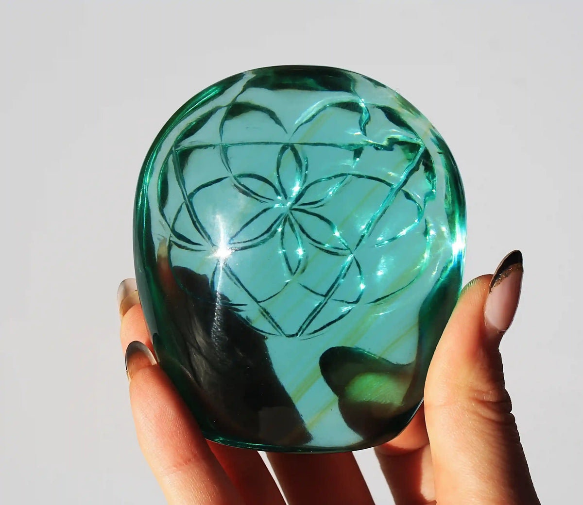 flower of life crystal carving, vikas meena carving, obsidian crystal, Canadian crystals, carved crystal flower of life