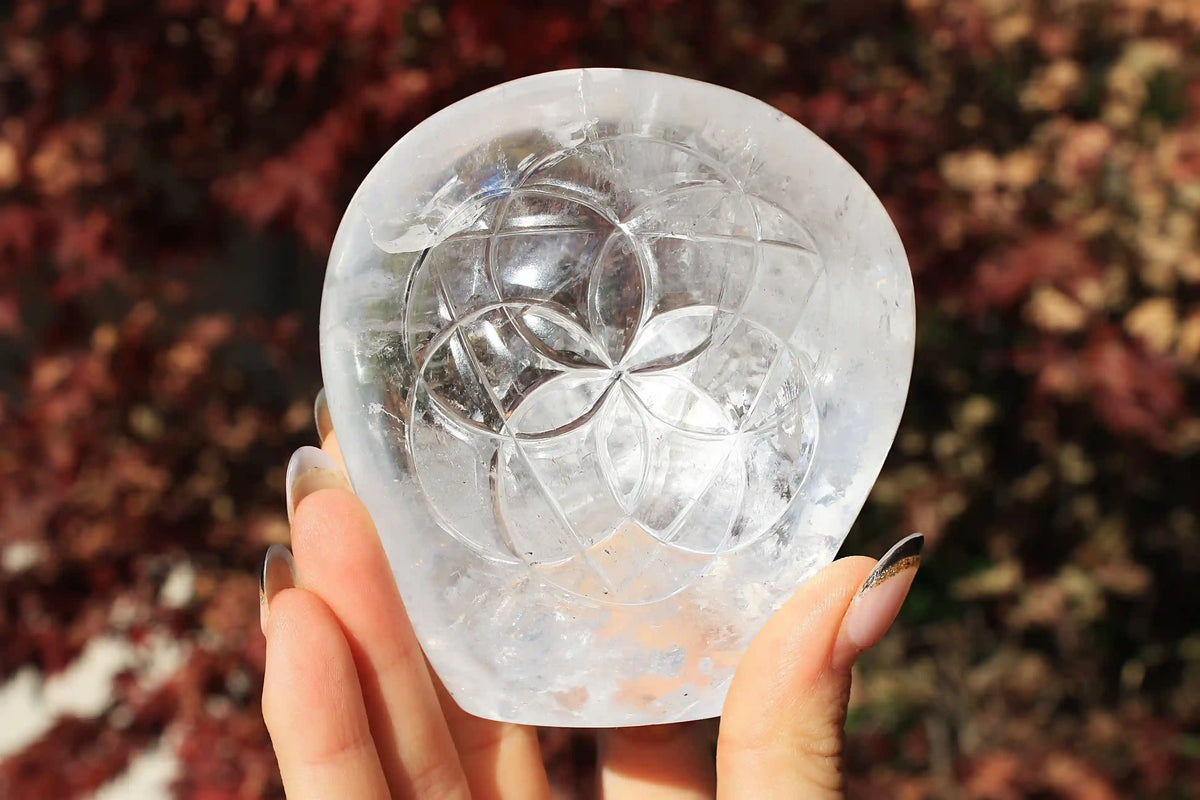 flower of life crystal carving, vikas meena carving, Himalayan quartz , Canadian crystals, carved crystal flower of life, Quartz crystal carving