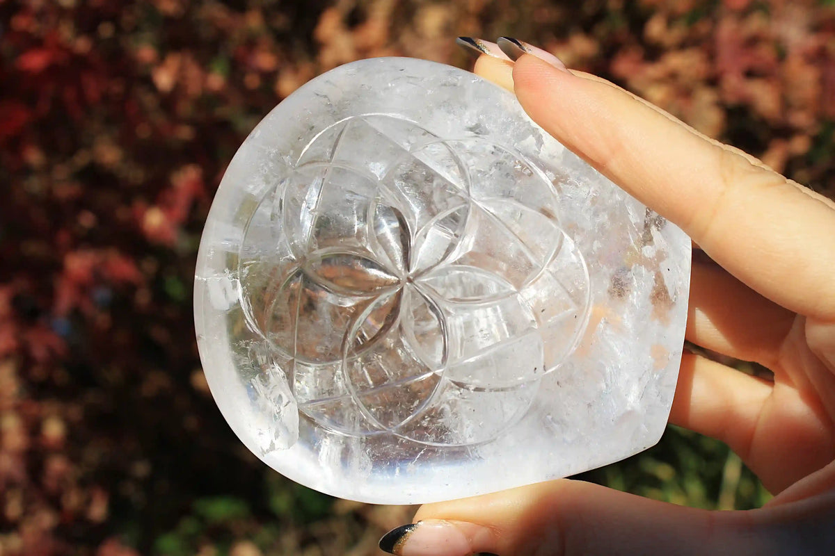 flower of life crystal carving, vikas meena carving, Himalayan quartz , Canadian crystals, carved crystal flower of life, Quartz crystal carving