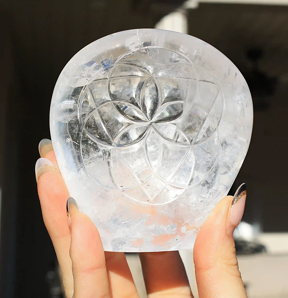 flower of life crystal carving, vikas meena carving, Himalayan quartz , Canadian crystals, carved crystal flower of life, Quartz crystal carving