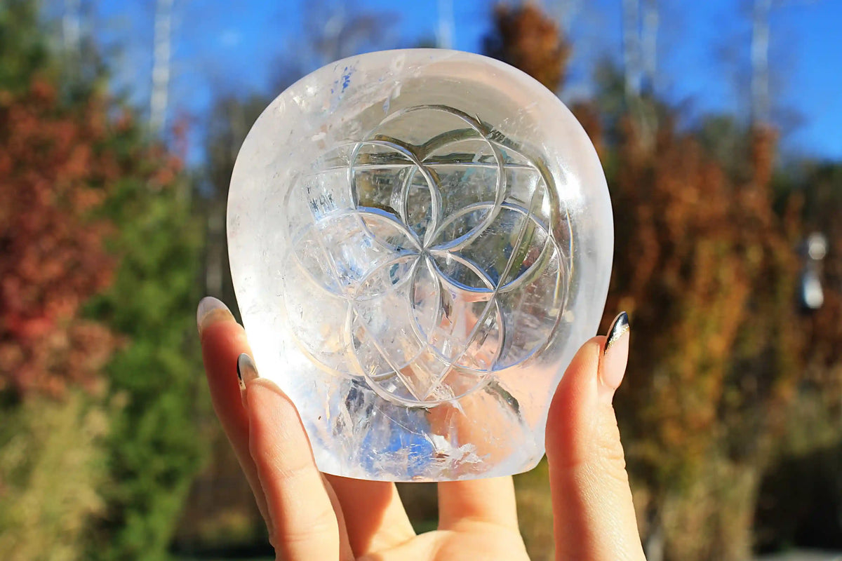 flower of life crystal carving, vikas meena carving, Himalayan quartz , Canadian crystals, carved crystal flower of life, Quartz crystal carving