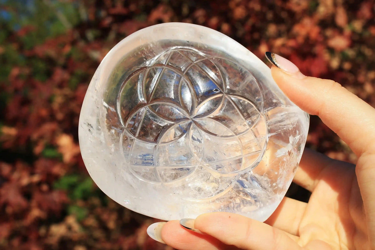 flower of life crystal carving, vikas meena carving, Himalayan quartz , Canadian crystals, carved crystal flower of life, Quartz crystal carving