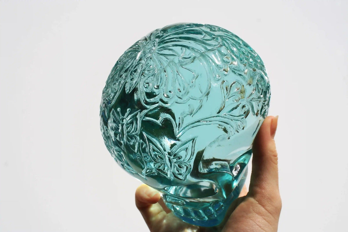 Large Obsidian Crystal Butterfly Engraved Skull by Vikas Meena