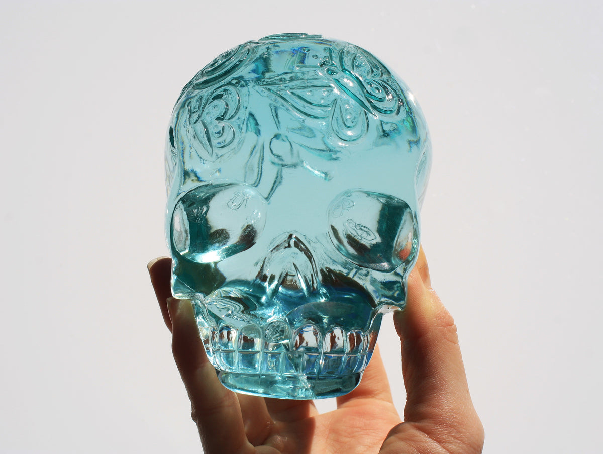 Obsidian Crystal Butterfly Engraved Skull by Vikas Meena