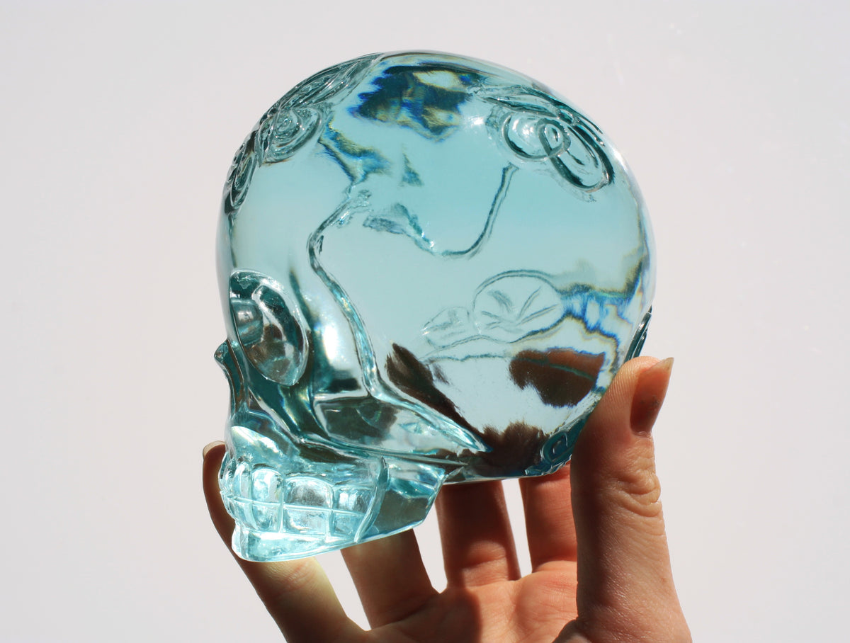 Obsidian Crystal Butterfly Engraved Skull by Vikas Meena