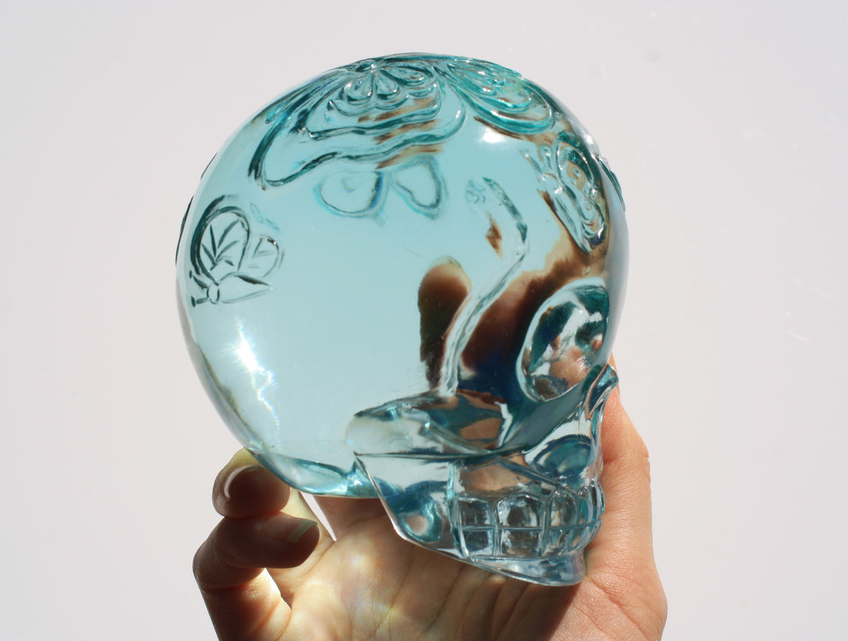 Obsidian Crystal Butterfly Engraved Skull by Vikas Meena