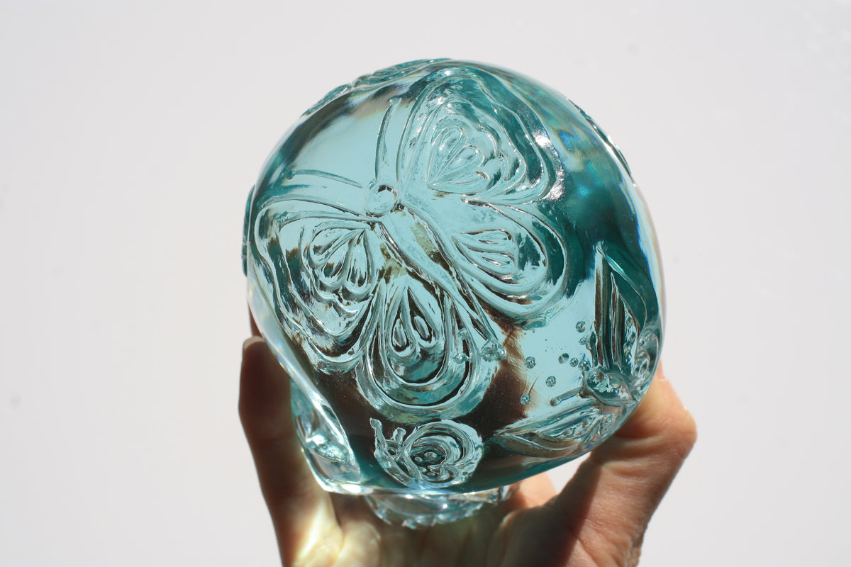 Obsidian Crystal Butterfly Engraved Skull by Vikas Meena