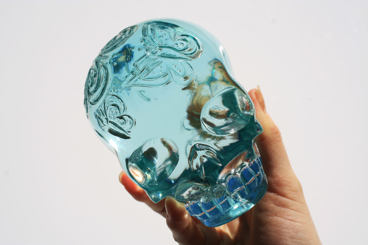 Obsidian Crystal Butterfly Engraved Skull by Vikas Meena