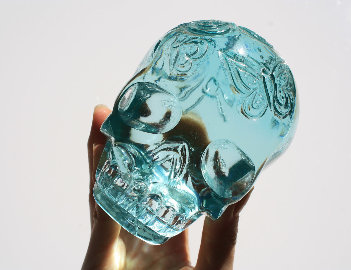 Obsidian Crystal Butterfly Engraved Skull by Vikas Meena